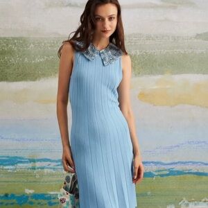 Blue Roundneck pointelle knit knee length dress